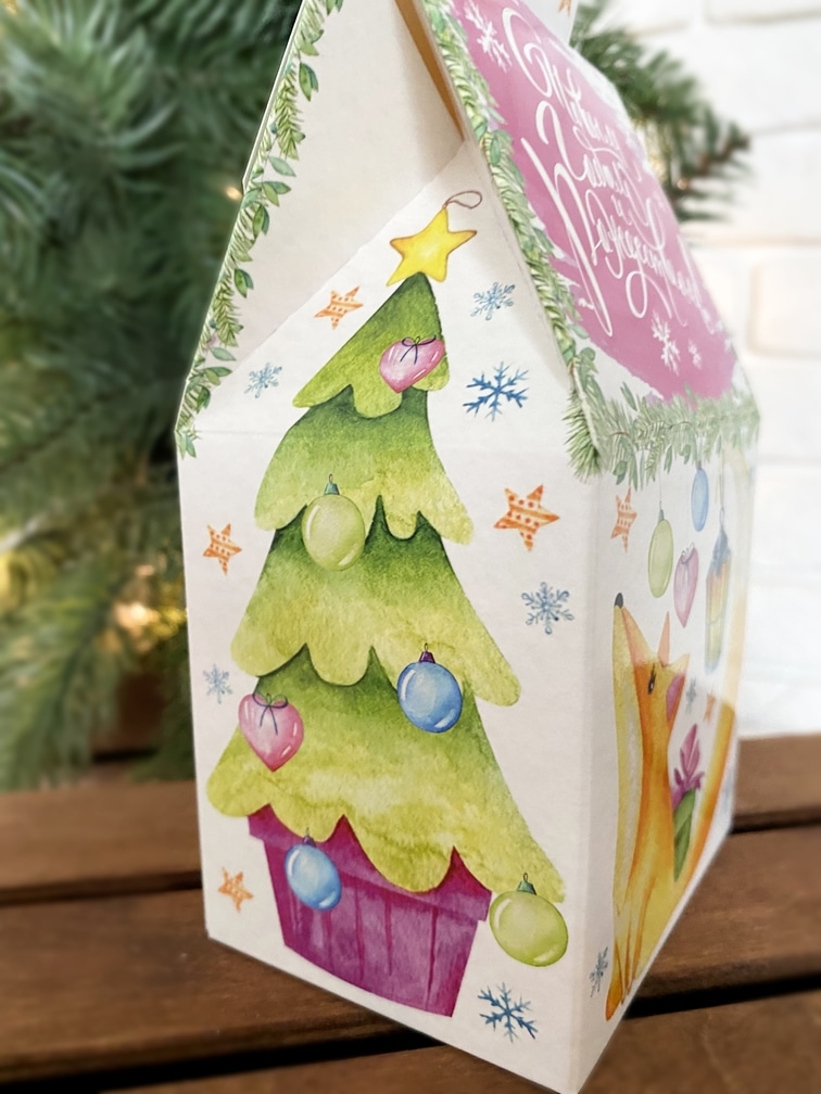 Коробка новогодняя подарочная Акварельная серия, 91х70х157 (+30) мм (домик) — изображение 3